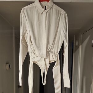 House Of CB White Collared Bodysuit with Tie Detail Plunge Neck XS